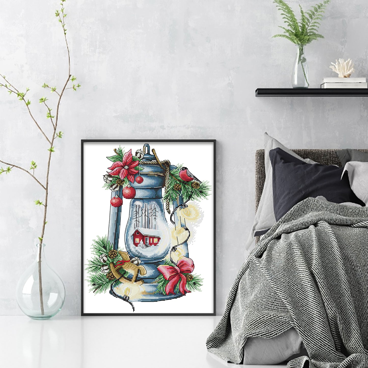 Bird Lantern - Winter - Partial 14CT Stamped Cross Stitch 29x28CM - Joy Sunday Backstitch+Half Cross Stitch