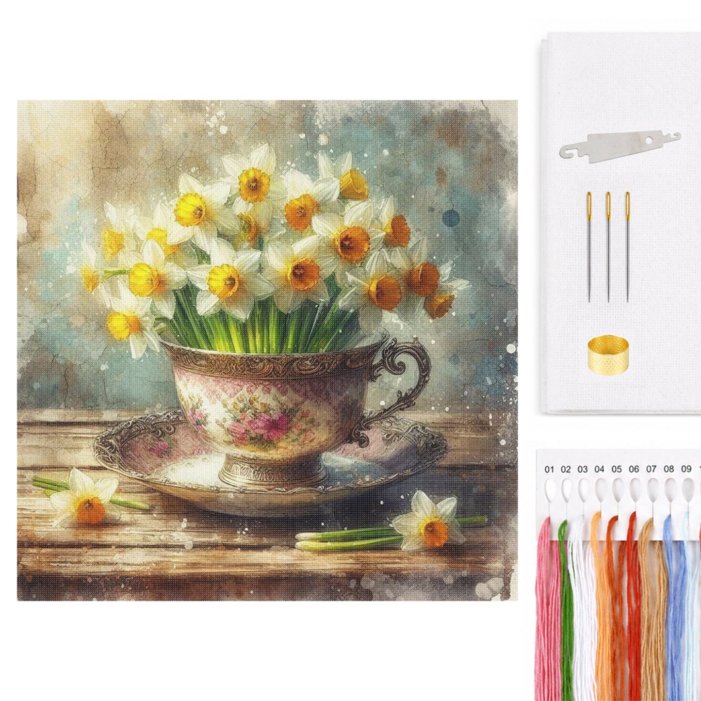 Teacup And Flowers - Full 11CT Counted Cross Stitch 40x40CM - Yishu