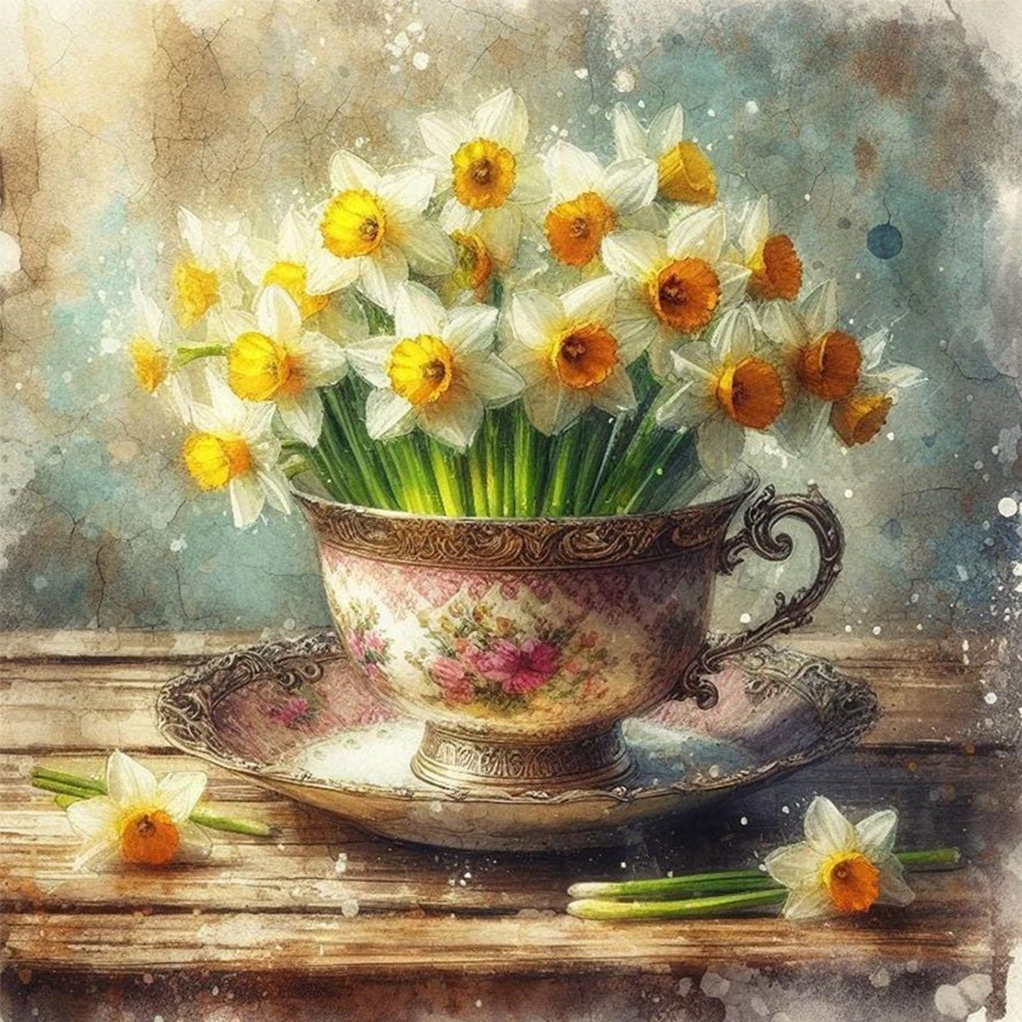 Teacup And Flowers - Full 11CT Counted Cross Stitch 40x40CM - Yishu