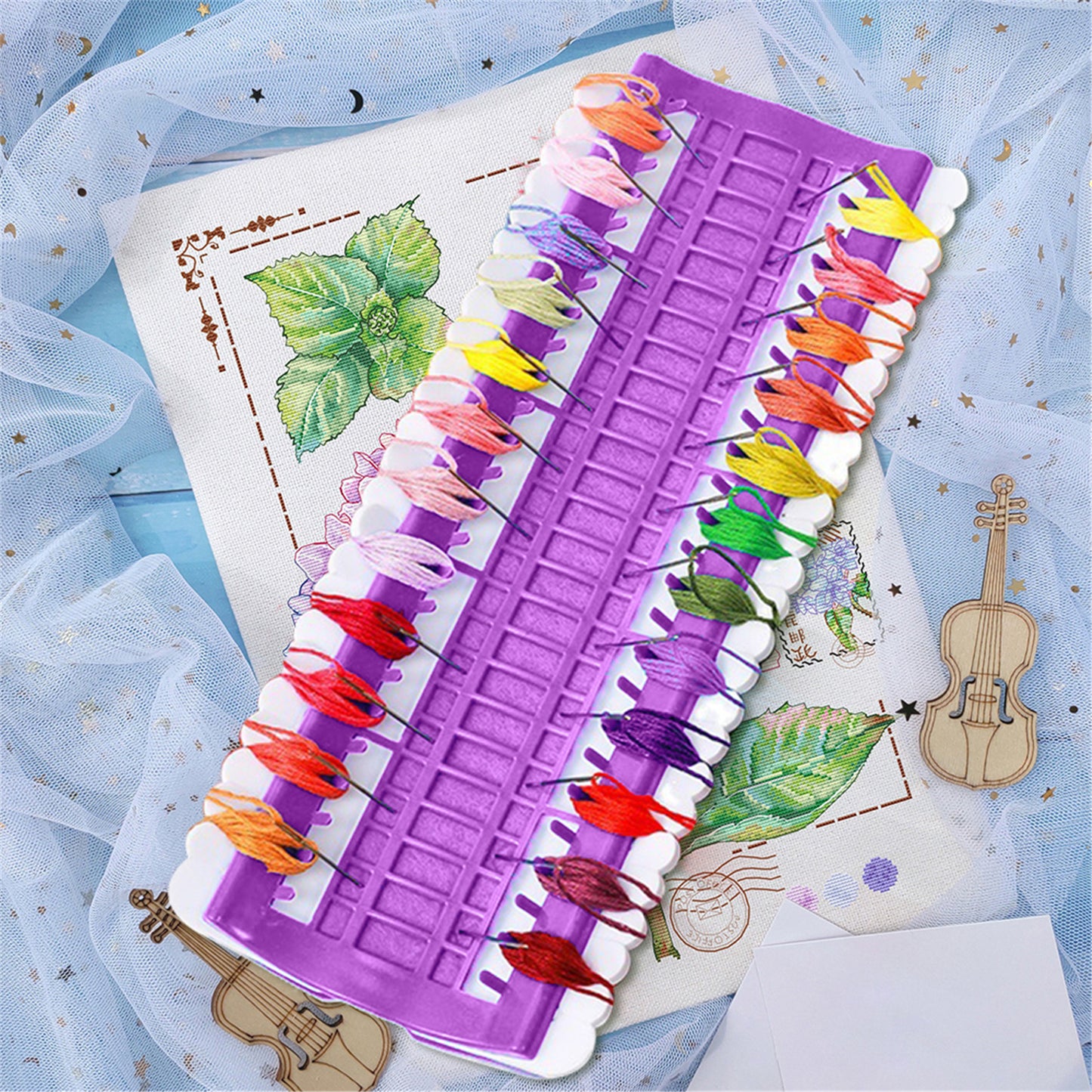 50 Positions Plastic Floss Organizer Cross Stitch Embroidery Thread Storage Rack Sewing Tools Gifts for Beginners Adults (Purple)