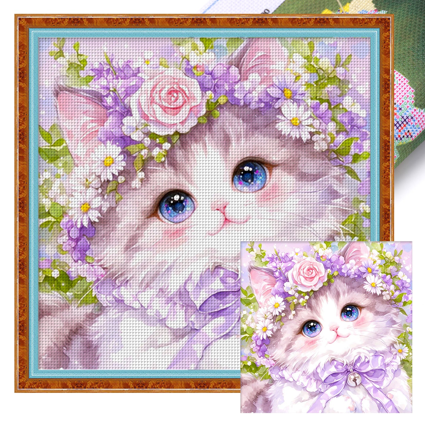 Cat In Purple Wreath - Full 9CT Stamped Cross Stitch 60x60CM - Jun He(43Colors)
