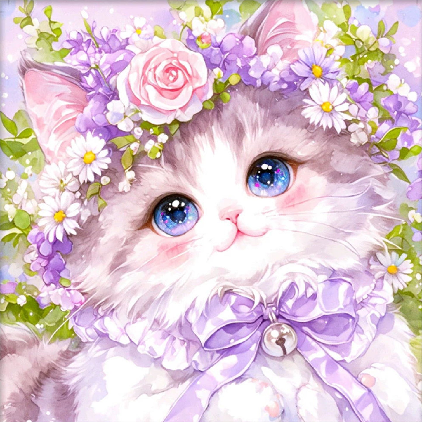 Cat In Purple Wreath - Full 9CT Stamped Cross Stitch 60x60CM - Jun He(43Colors)