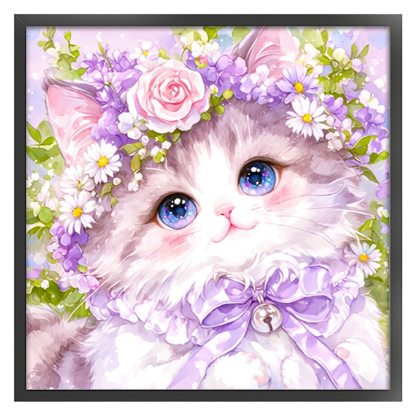 Cat In Purple Wreath - Full 9CT Stamped Cross Stitch 60x60CM - Jun He(43Colors)