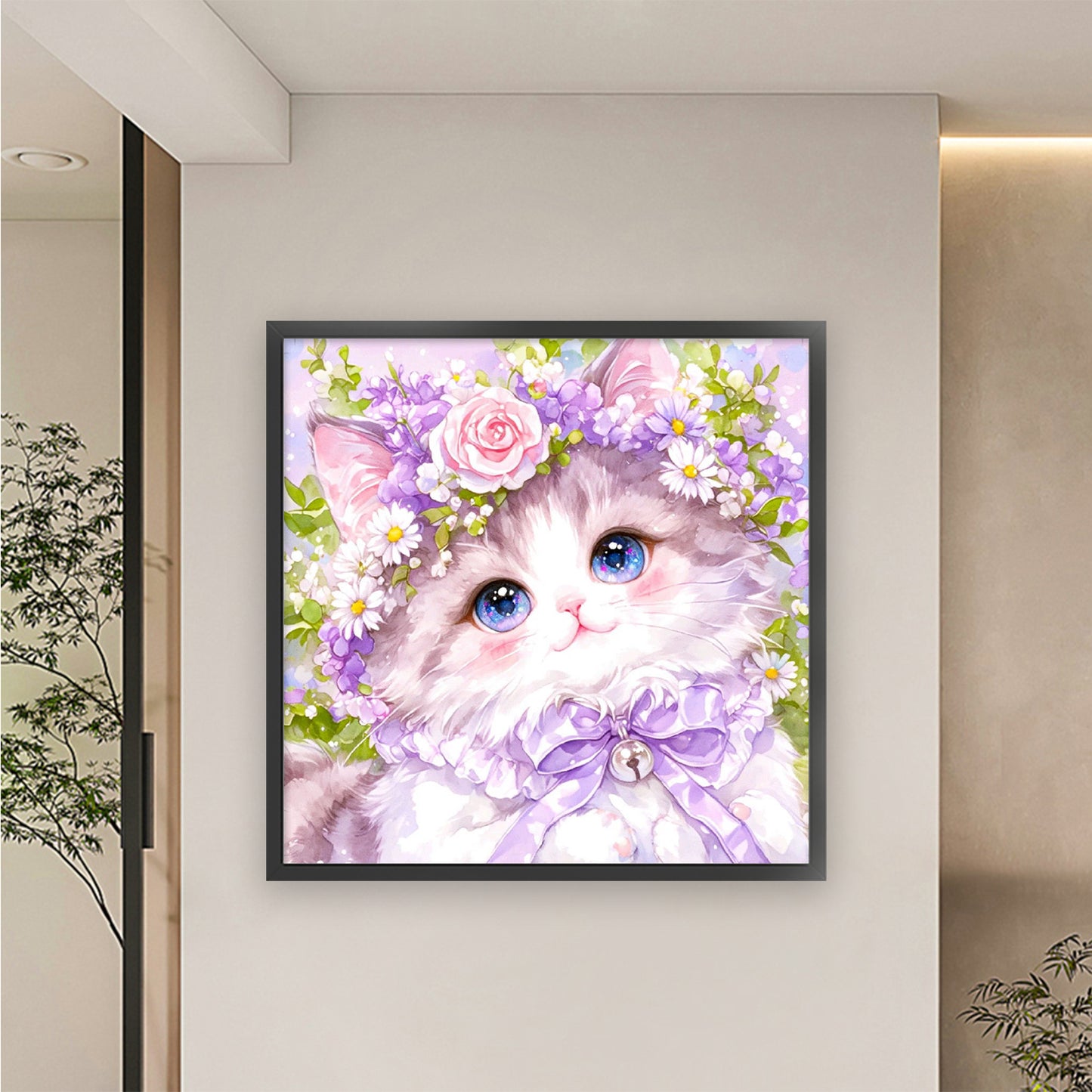 Cat In Purple Wreath - Full 9CT Stamped Cross Stitch 60x60CM - Jun He(43Colors)