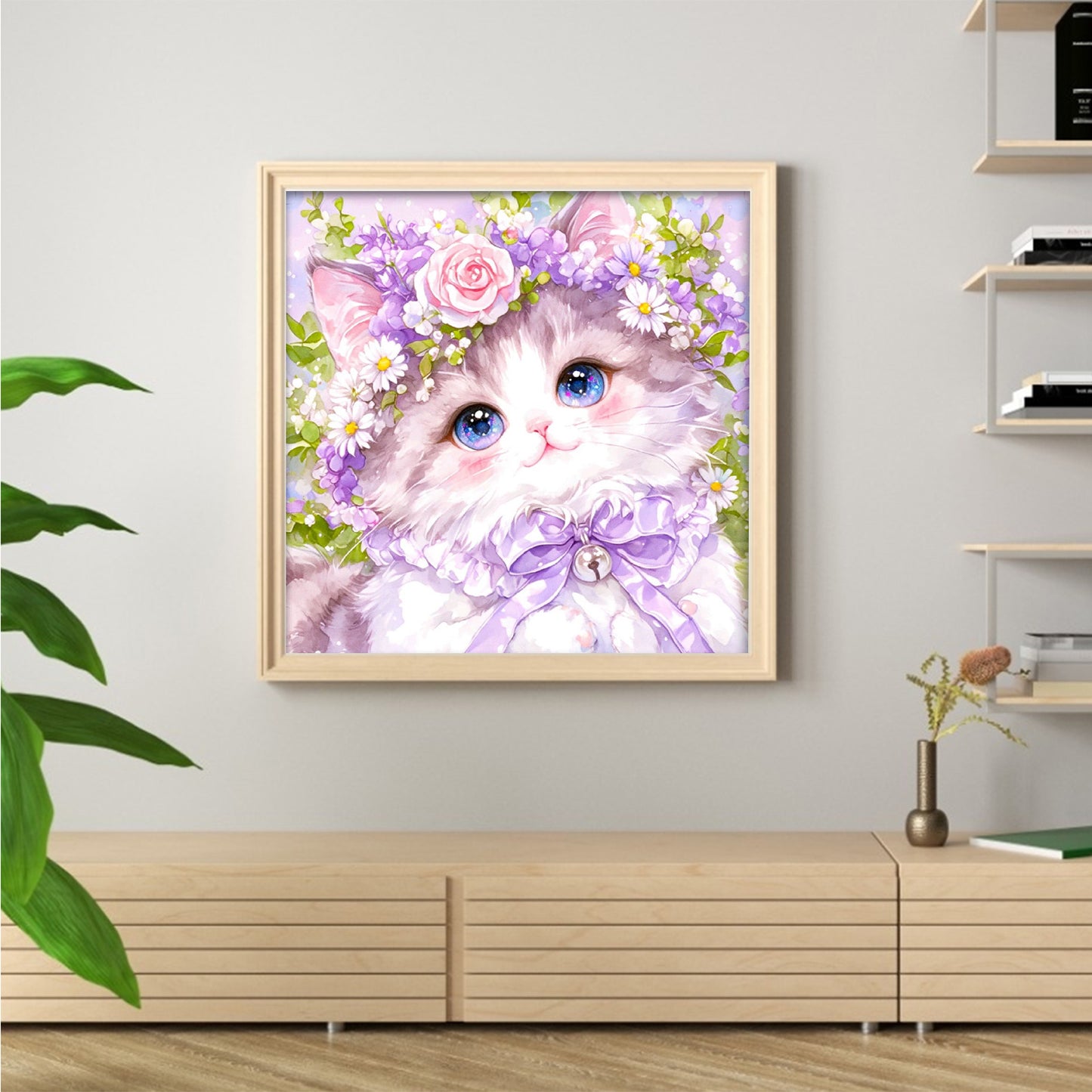 Cat In Purple Wreath - Full 9CT Stamped Cross Stitch 60x60CM - Jun He(43Colors)
