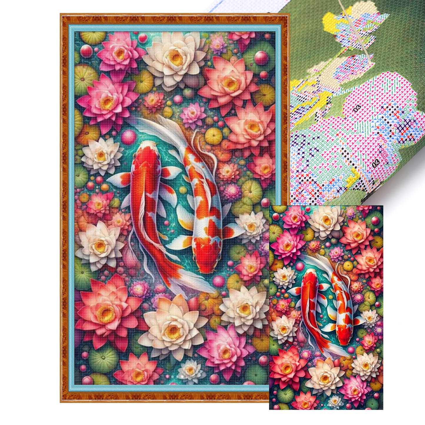 Koi In Lotus Pond - Full 14CT Stamped Cross Stitch 40x75CM - Huacan