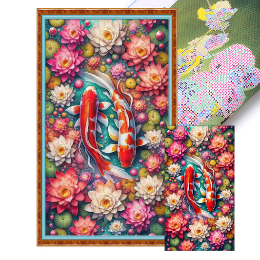 Koi In Lotus Pond - Full 14CT Stamped Cross Stitch 40x75CM - Huacan