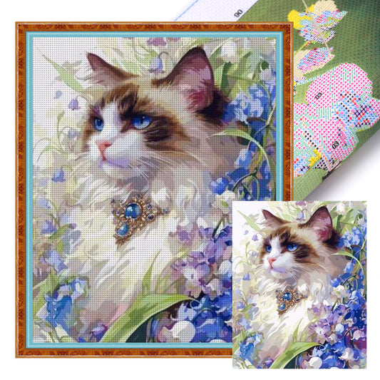 Cat And Lily Of The Valley - Full 11CT Stamped Cross Stitch 40x50CM - Huacan