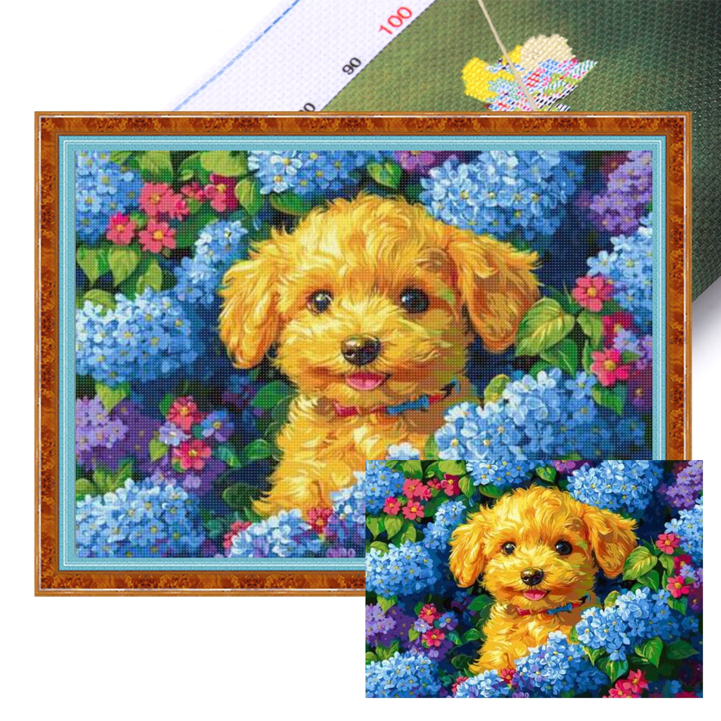 Hydrangea And Dog - Full 11CT Stamped Cross Stitch 55x40CM - Huacan