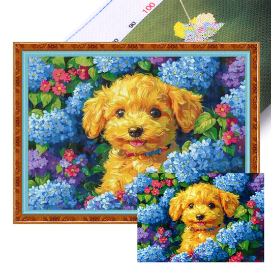Hydrangea And Dog - Full 11CT Stamped Cross Stitch 55x40CM - Huacan