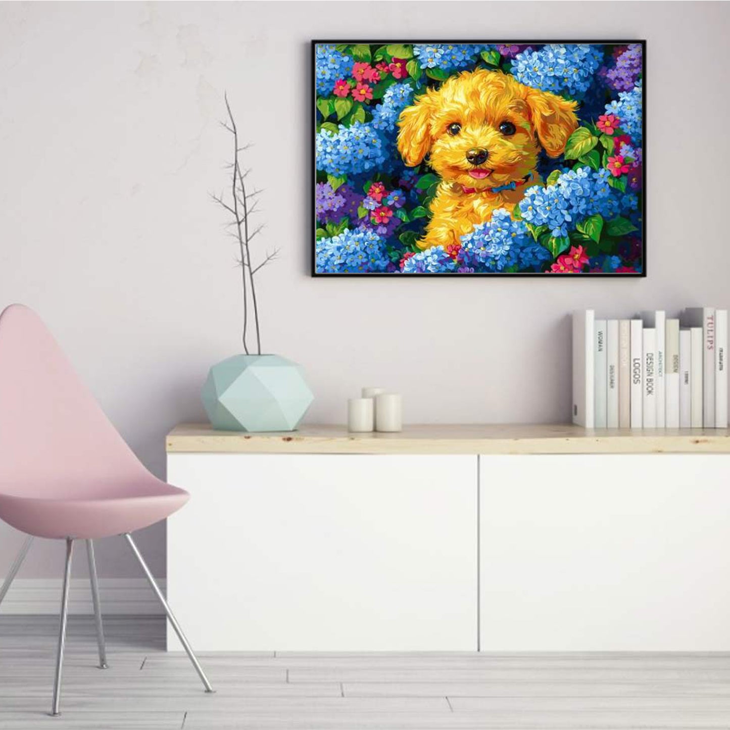 Hydrangea And Dog - Full 11CT Stamped Cross Stitch 55x40CM - Huacan