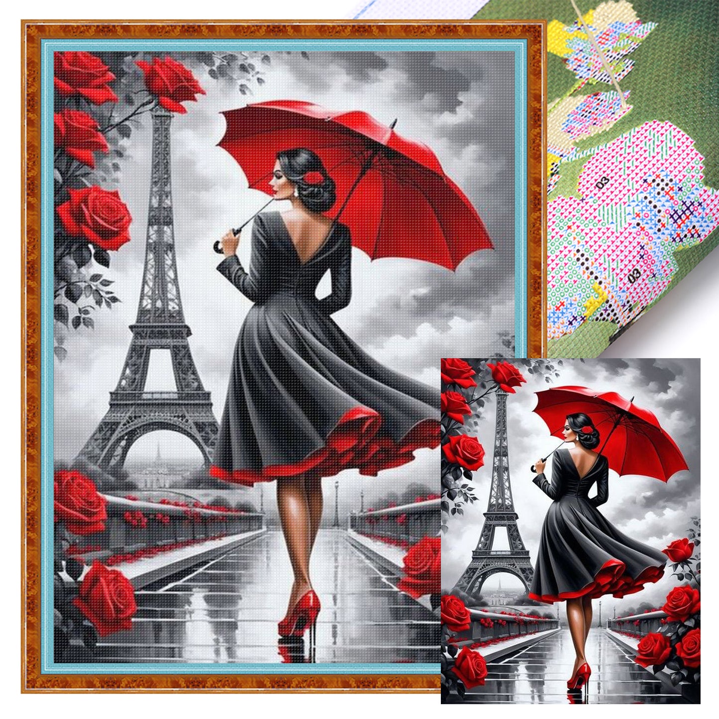Girl Under The Eiffel Tower - Full 18CT Stamped Cross Stitch 40x55CM - Huacan