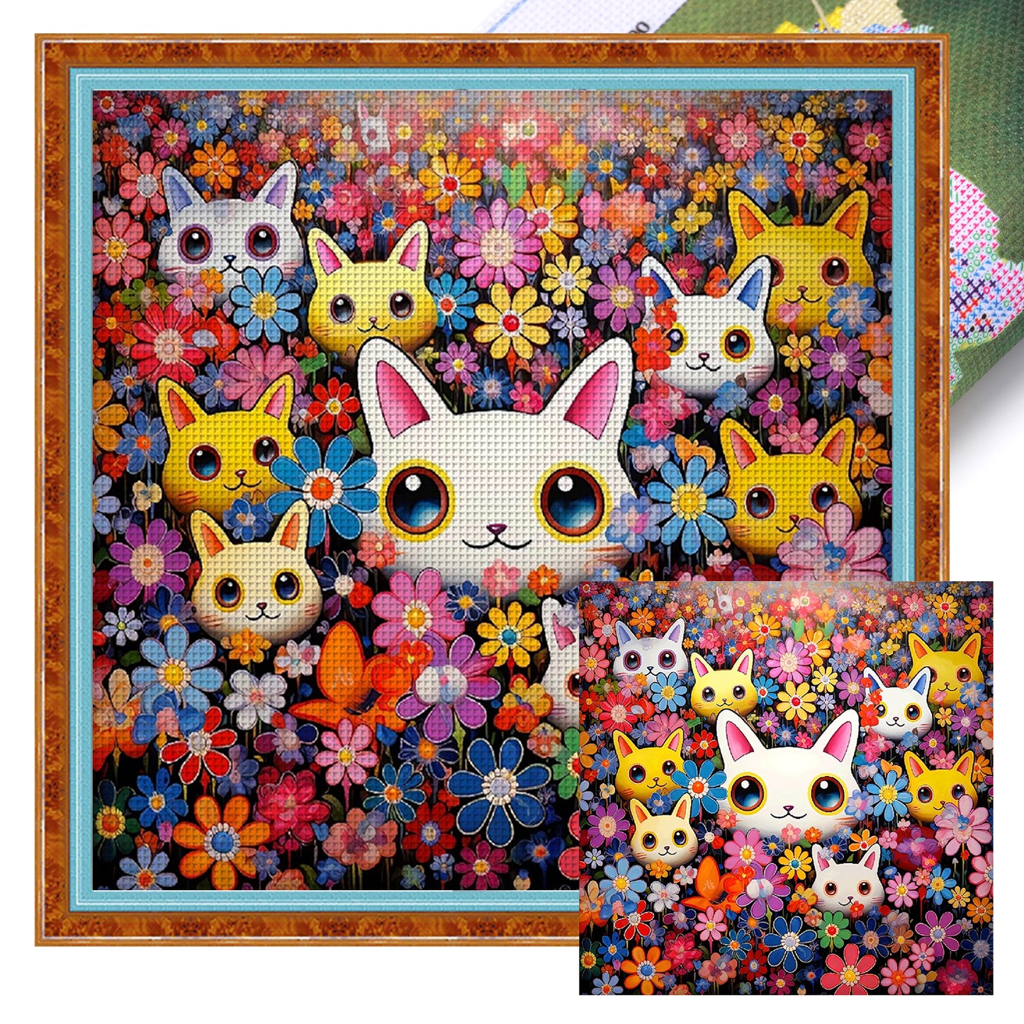 Cat With Colorful Daisies - Full 9CT Stamped Cross Stitch 73x73CM - Mona Lisa