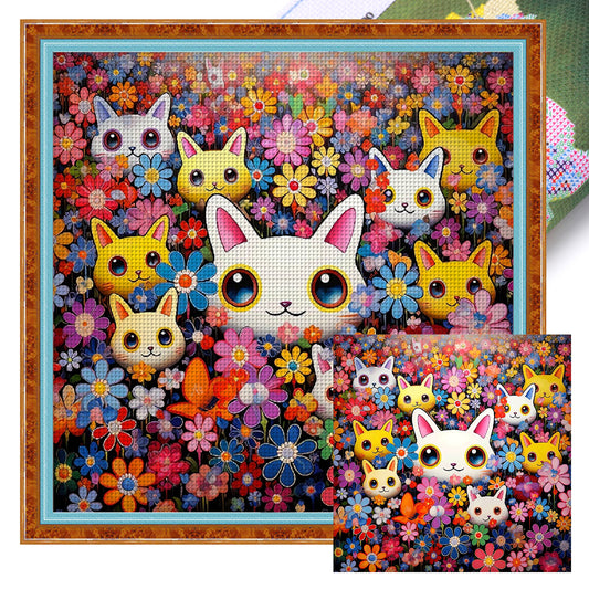 Cat With Colorful Daisies - Full 9CT Stamped Cross Stitch 73x73CM - Mona Lisa