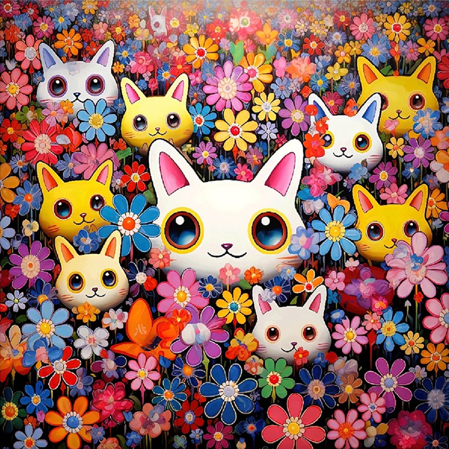 Cat With Colorful Daisies - Full 9CT Stamped Cross Stitch 73x73CM - Mona Lisa