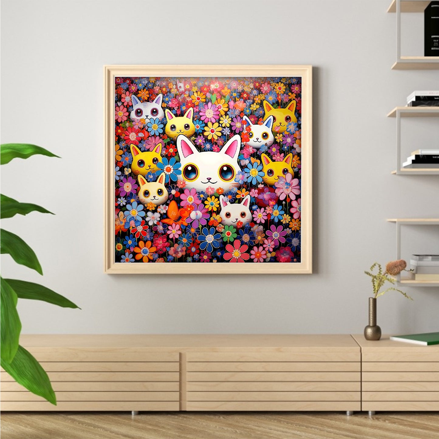 Cat With Colorful Daisies - Full 9CT Stamped Cross Stitch 73x73CM - Mona Lisa