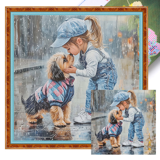Girl And Dog - Full 11CT Stamped Cross Stitch 40x40CM - Yishu