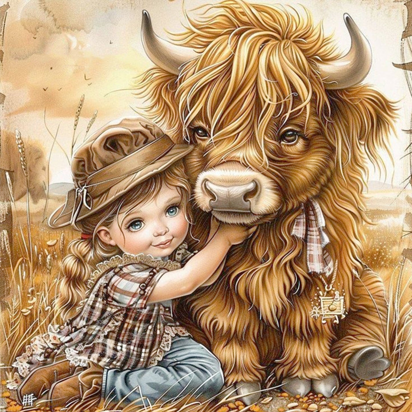 Girl And Cow - Full 11CT Stamped Cross Stitch 40x40CM - Yishu