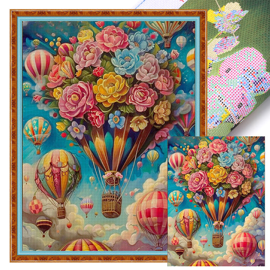 Flower Hot Air Balloon - Full 11CT Stamped Cross Stitch 45x60CM - Yishu