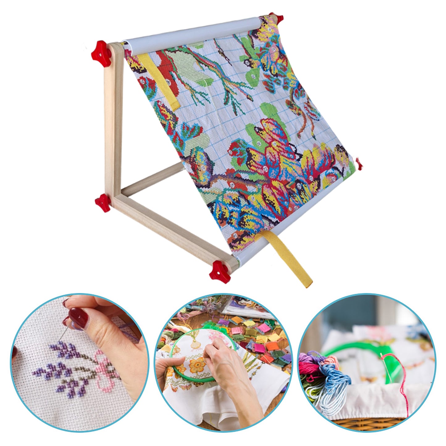 Embroidery Hoop Holder Wood for Lap Or Table Top Stitching Sewing Supplies Scroll Frame for Needlepoint Adjustable Sit-on Needlework Stand Hands-Free (Need Assembly) (S Plastic nut)