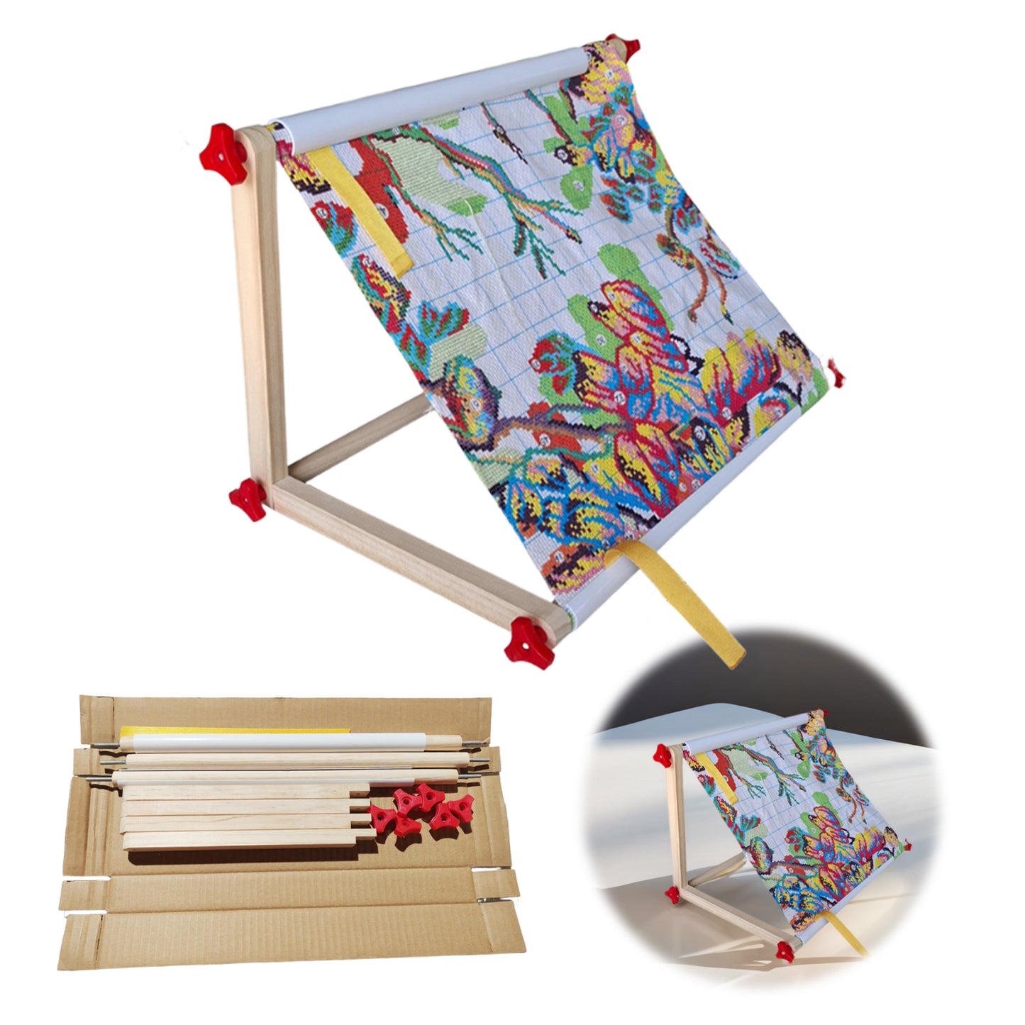 Embroidery Hoop Holder Wood for Lap Or Table Top Stitching Sewing Supplies Scroll Frame for Needlepoint Adjustable Sit-on Needlework Stand Hands-Free (Need Assembly) (S Plastic nut)
