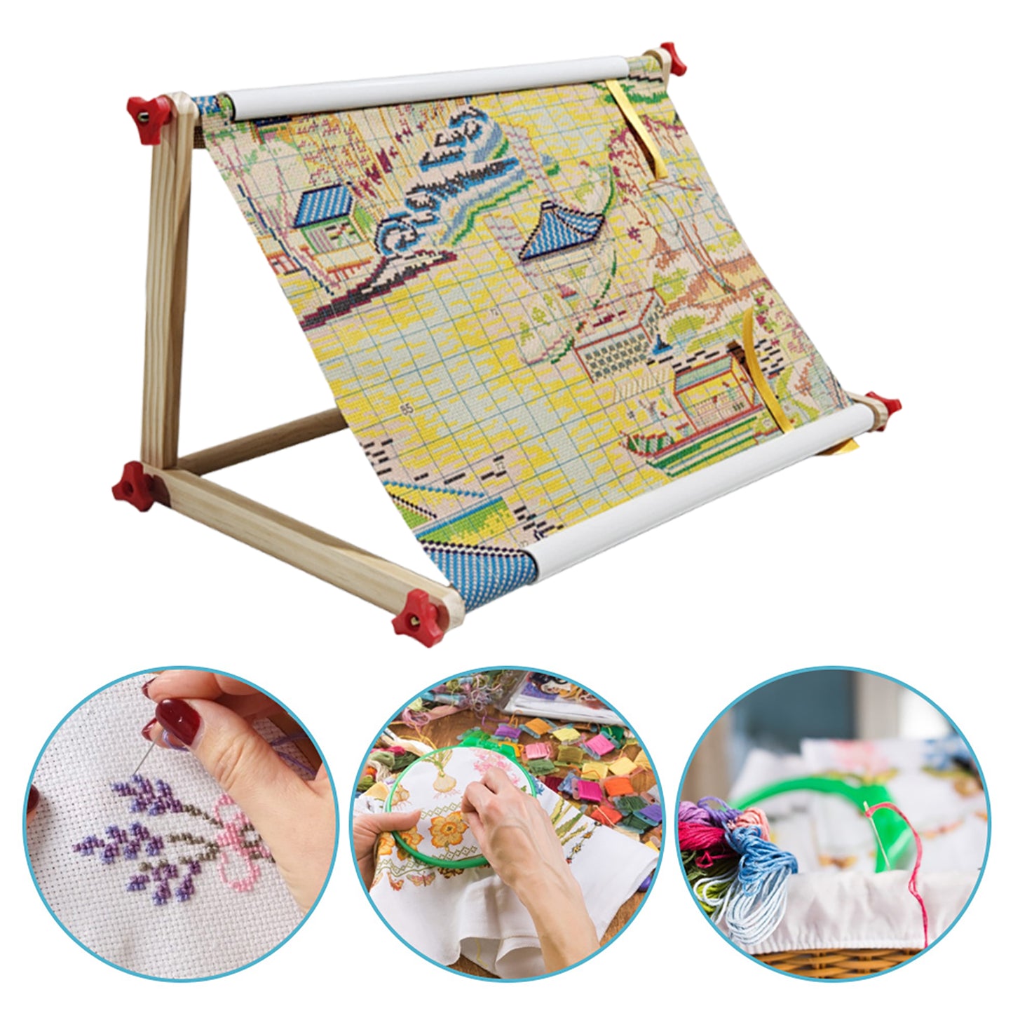 Embroidery Hoop Holder Wood for Lap Or Table Top Stitching Sewing Supplies Scroll Frame for Needlepoint Adjustable Sit-on Needlework Stand Hands-Free (Need Assembly) (M Plastic nut)