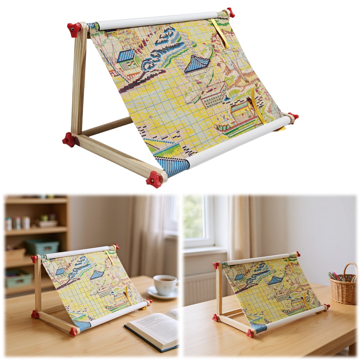 Embroidery Hoop Holder Wood for Lap Or Table Top Stitching Sewing Supplies Scroll Frame for Needlepoint Adjustable Sit-on Needlework Stand Hands-Free (Need Assembly) (M Plastic nut)