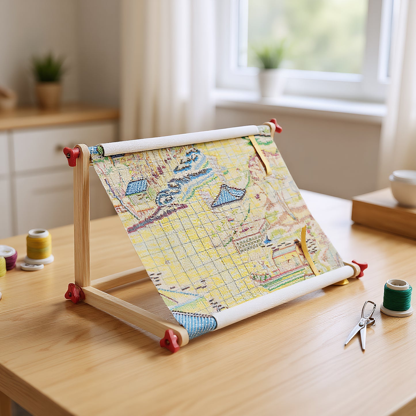 Embroidery Hoop Holder Wood for Lap Or Table Top Stitching Sewing Supplies Scroll Frame for Needlepoint Adjustable Sit-on Needlework Stand Hands-Free (Need Assembly) (M Plastic nut)