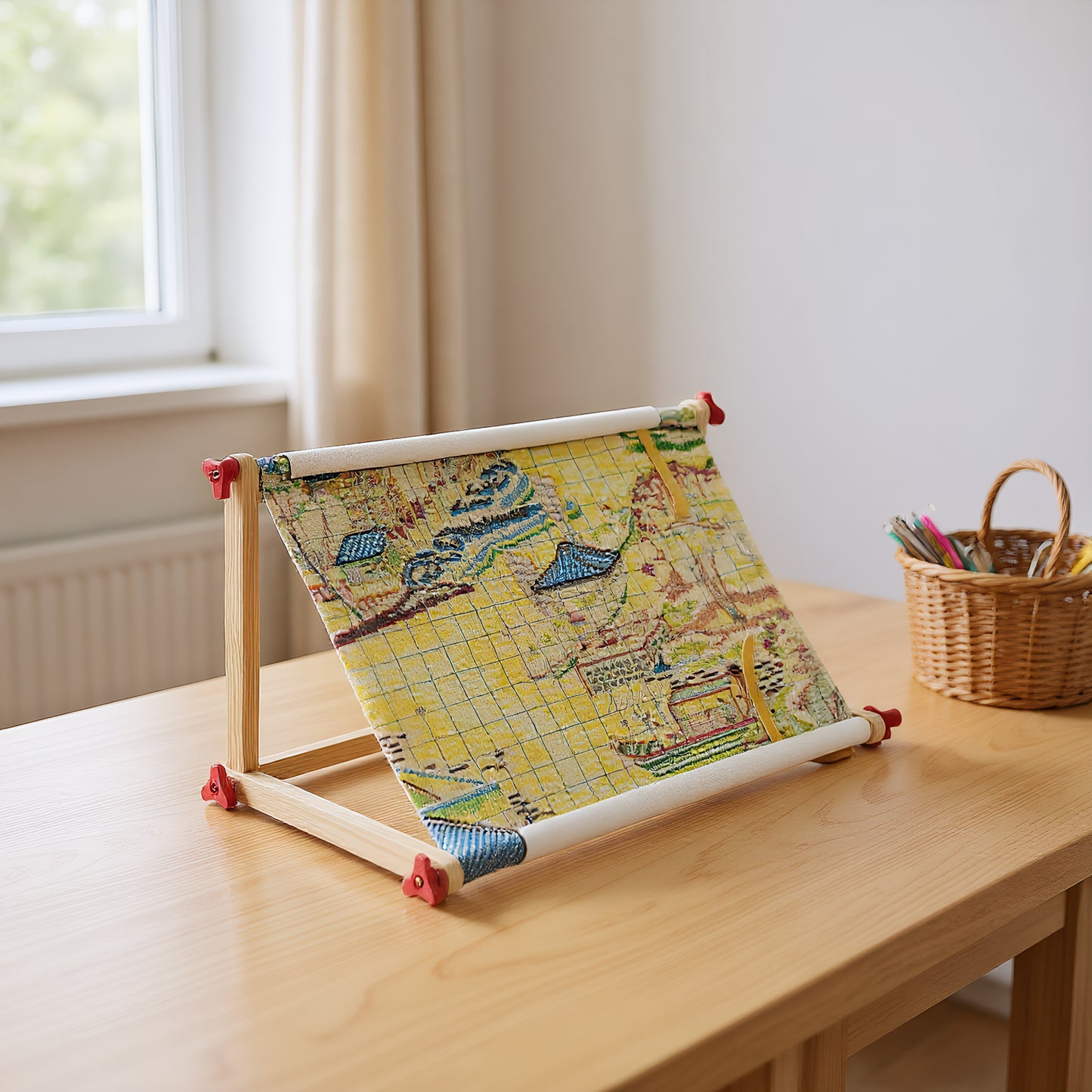 Embroidery Hoop Holder Wood for Lap Or Table Top Stitching Sewing Supplies Scroll Frame for Needlepoint Adjustable Sit-on Needlework Stand Hands-Free (Need Assembly) (M Plastic nut)