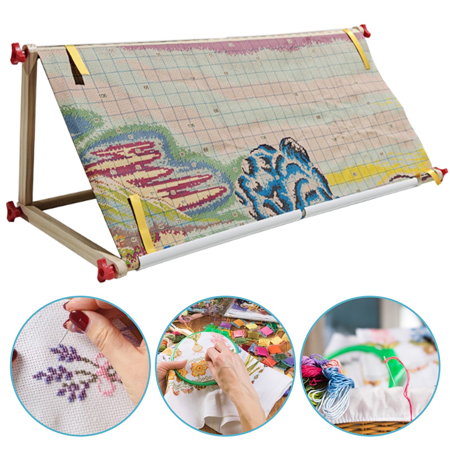 Embroidery Hoop Holder Wood for Lap Or Table Top Stitching Sewing Supplies Scroll Frame for Needlepoint Adjustable Sit-on Needlework Stand Hands-Free (Need Assembly) (L Plastic nut)