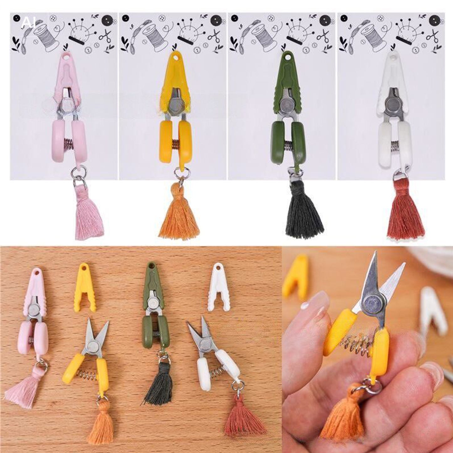 Small Craft Scissors with Tassel Mini Thread Snips Spring Loaded Design for Cross Stitch Embroidery Needlework Accessories (Yellow)