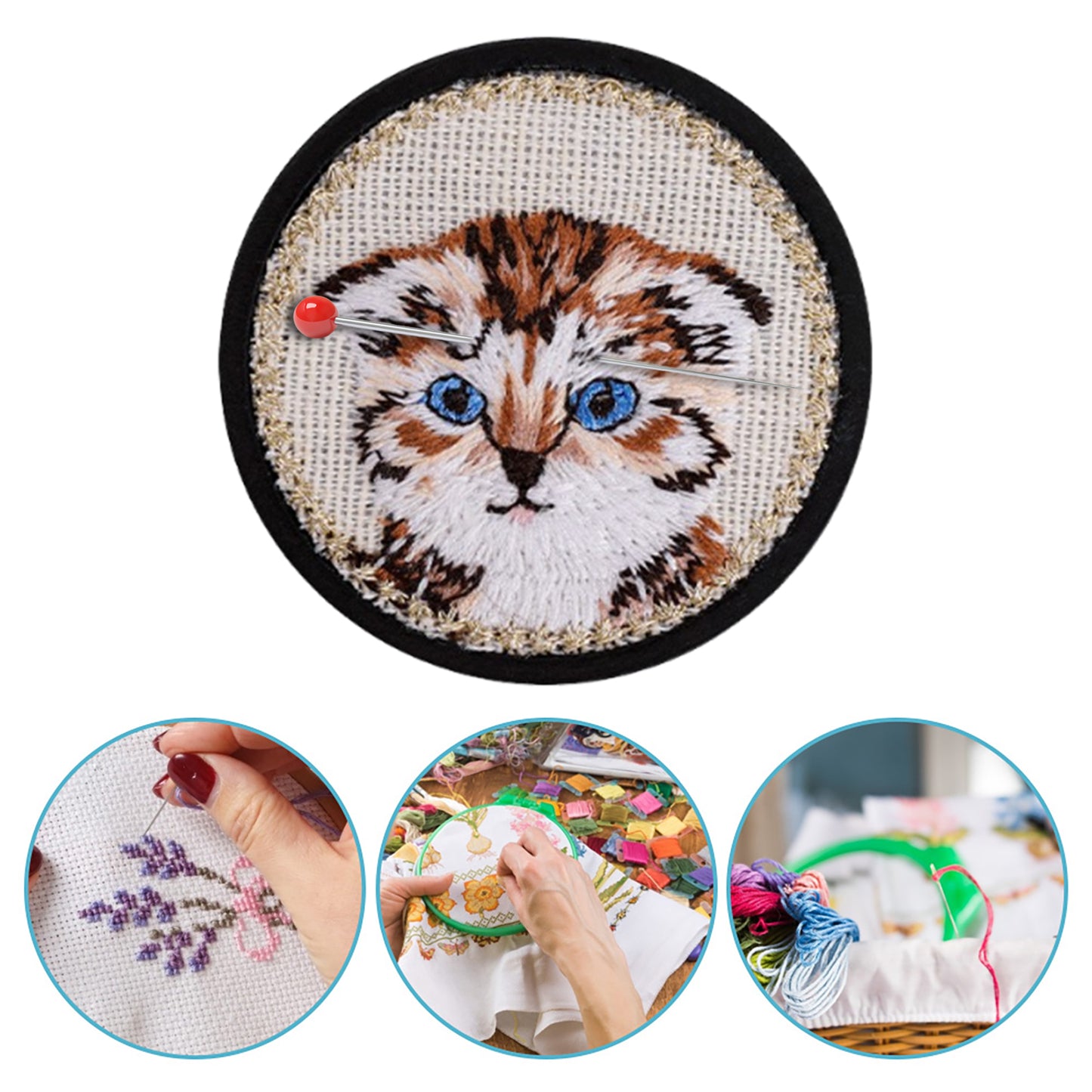 Quilted Animal Magnetic Needle Minder 40mm Needle Holder Back Suction Design Wooden Base for Cross Stitch Embroidery Needlework Accessories (Cat)