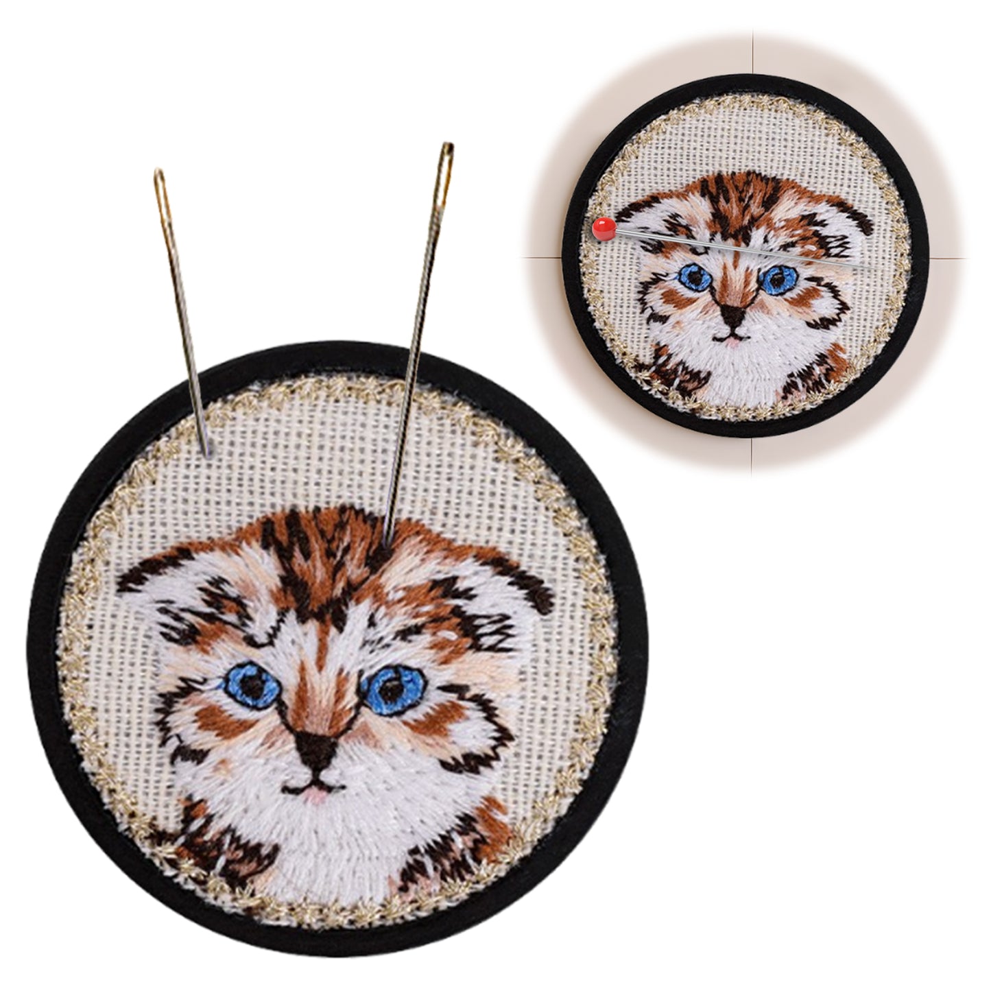 Quilted Animal Magnetic Needle Minder 40mm Needle Holder Back Suction Design Wooden Base for Cross Stitch Embroidery Needlework Accessories (Cat)