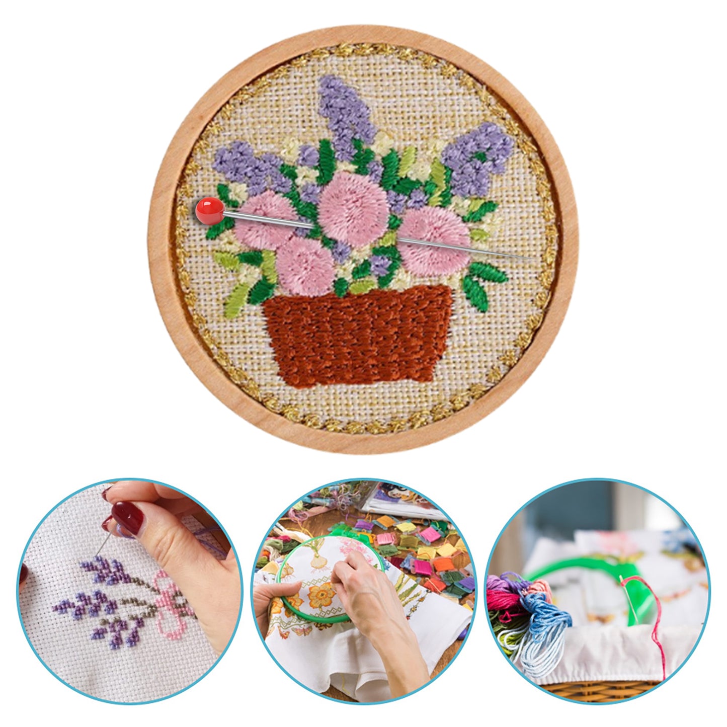 Quilted Animal Magnetic Needle Minder 40mm Needle Holder Back Suction Design Wooden Base for Cross Stitch Embroidery Needlework Accessories (Flowerpot)