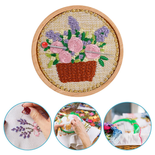 Quilted Animal Magnetic Needle Minder 40mm Needle Holder Back Suction Design Wooden Base for Cross Stitch Embroidery Needlework Accessories (Flowerpot)