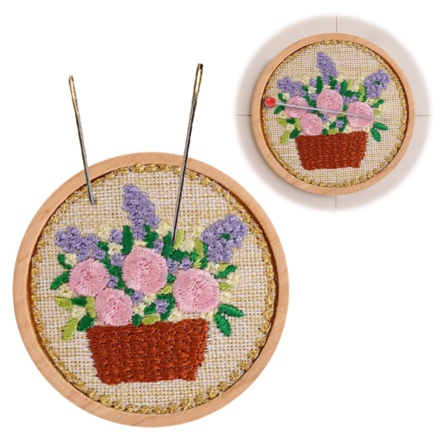 Quilted Animal Magnetic Needle Minder 40mm Needle Holder Back Suction Design Wooden Base for Cross Stitch Embroidery Needlework Accessories (Flowerpot)