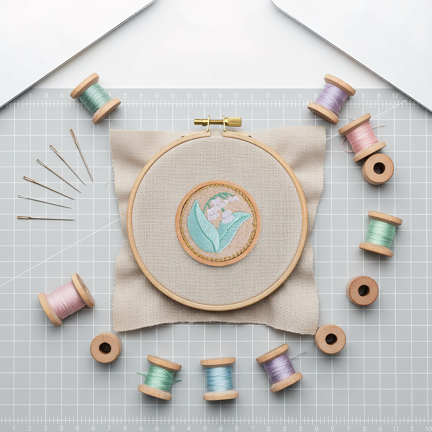 Quilted Animal Magnetic Needle Minder 40mm Needle Holder Back Suction Design Wooden Base for Cross Stitch Embroidery Needlework Accessories (Lily of the Valley)