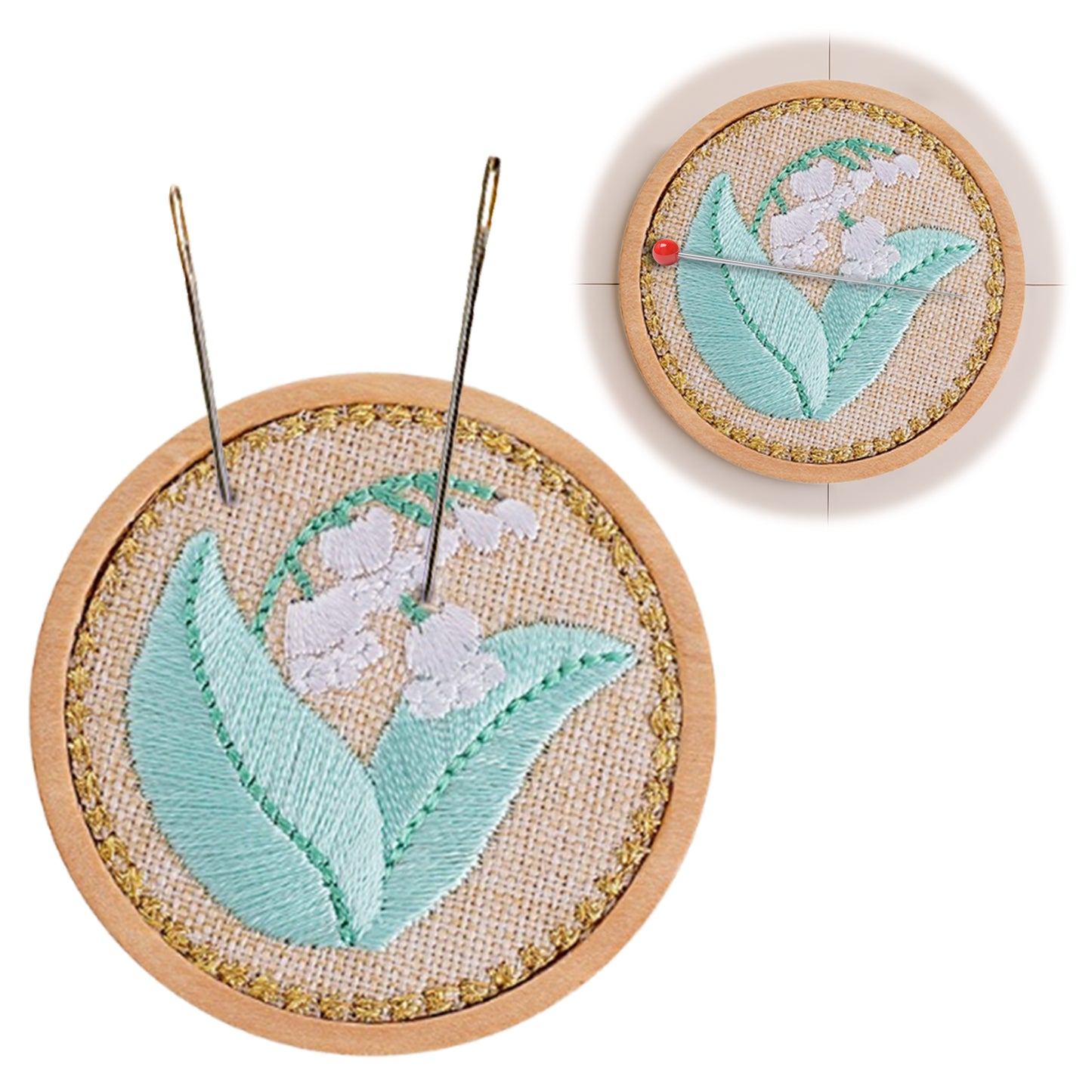 Quilted Animal Magnetic Needle Minder 40mm Needle Holder Back Suction Design Wooden Base for Cross Stitch Embroidery Needlework Accessories (Lily of the Valley)