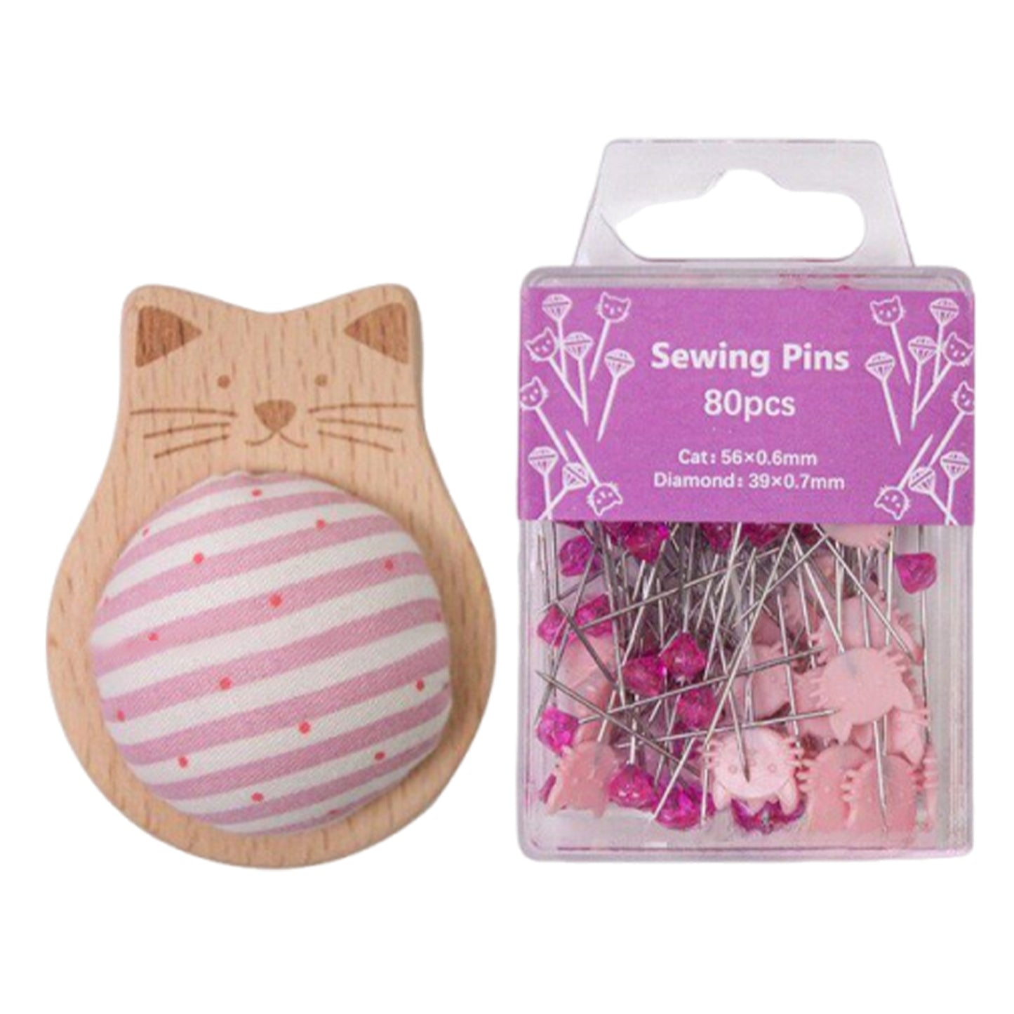 Cute Cat Pin Cushion Kit with 80 Craft Positioning Pins Needle Holders Wooden Base Adorable Pincushion for Quilting Needlepoint DIY Projects (Pink)