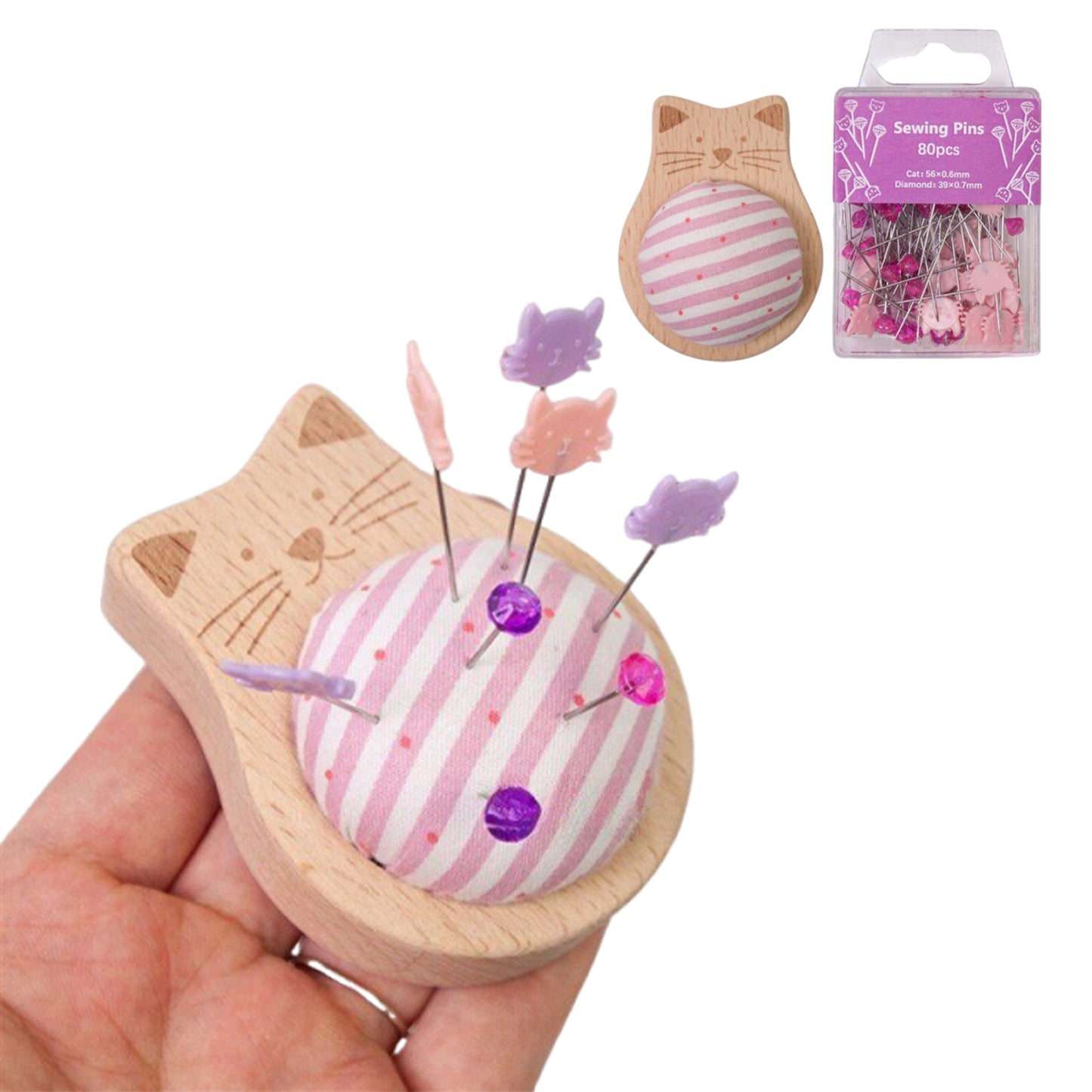 Cute Cat Pin Cushion Kit with 80 Craft Positioning Pins Needle Holders Wooden Base Adorable Pincushion for Quilting Needlepoint DIY Projects (Pink)