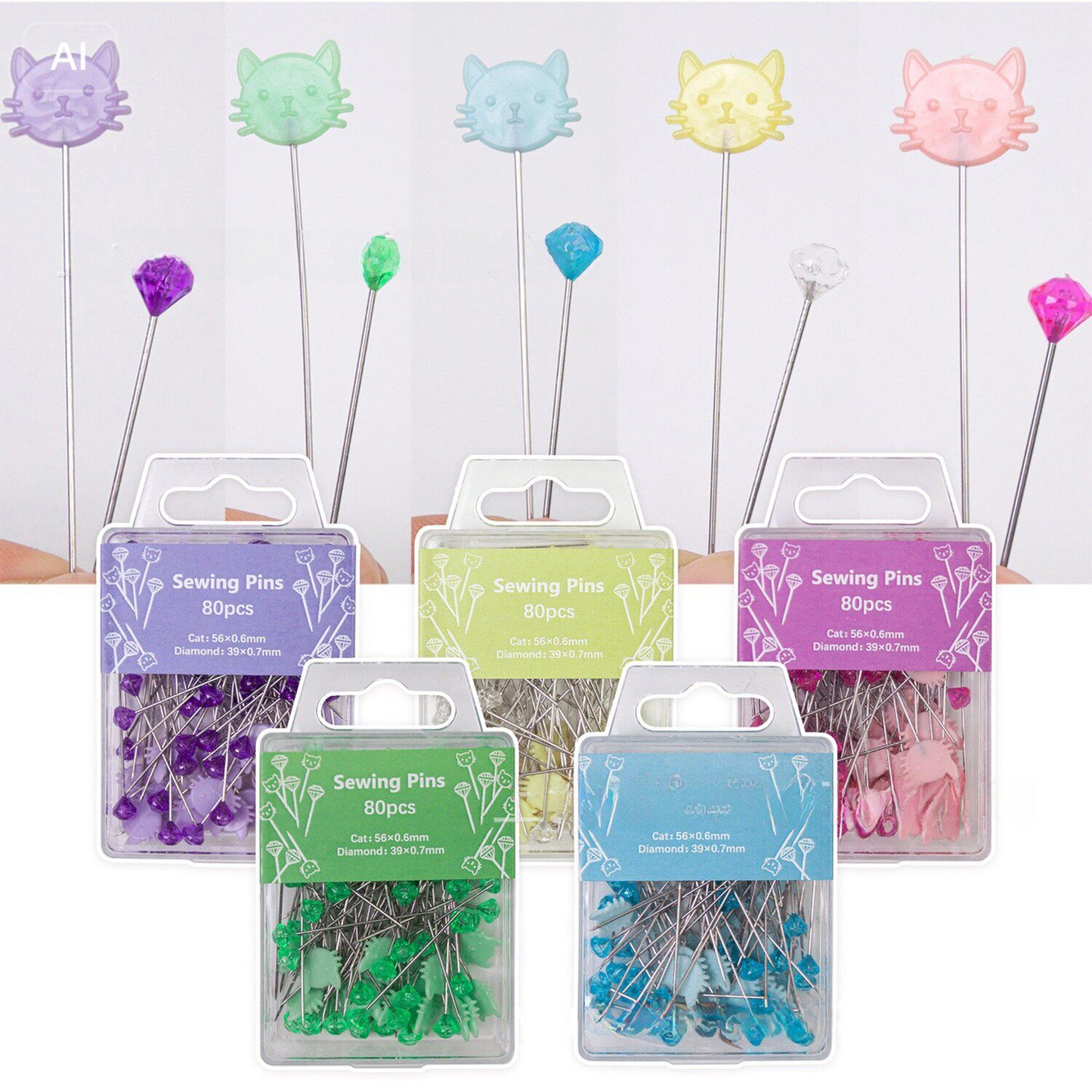 Cute Cat Pin Cushion Kit with 80 Craft Positioning Pins Needle Holders Wooden Base Adorable Pincushion for Quilting Needlepoint DIY Projects (Pink)