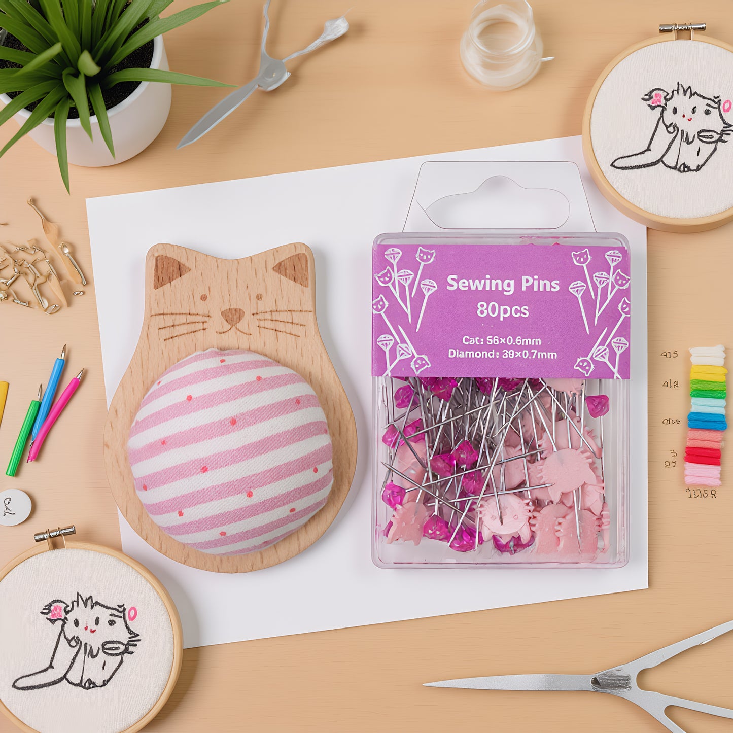 Cute Cat Pin Cushion Kit with 80 Craft Positioning Pins Needle Holders Wooden Base Adorable Pincushion for Quilting Needlepoint DIY Projects (Pink)
