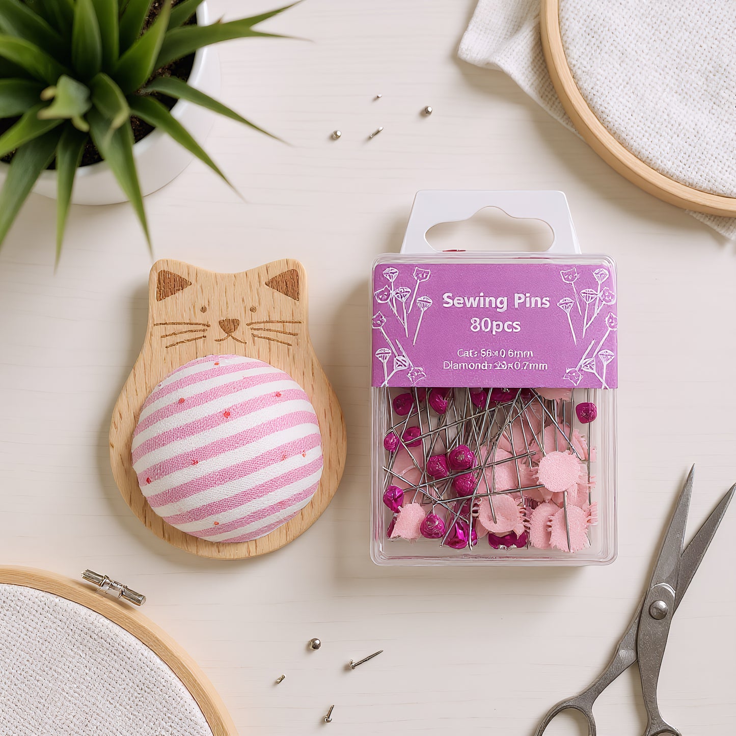 Cute Cat Pin Cushion Kit with 80 Craft Positioning Pins Needle Holders Wooden Base Adorable Pincushion for Quilting Needlepoint DIY Projects (Pink)