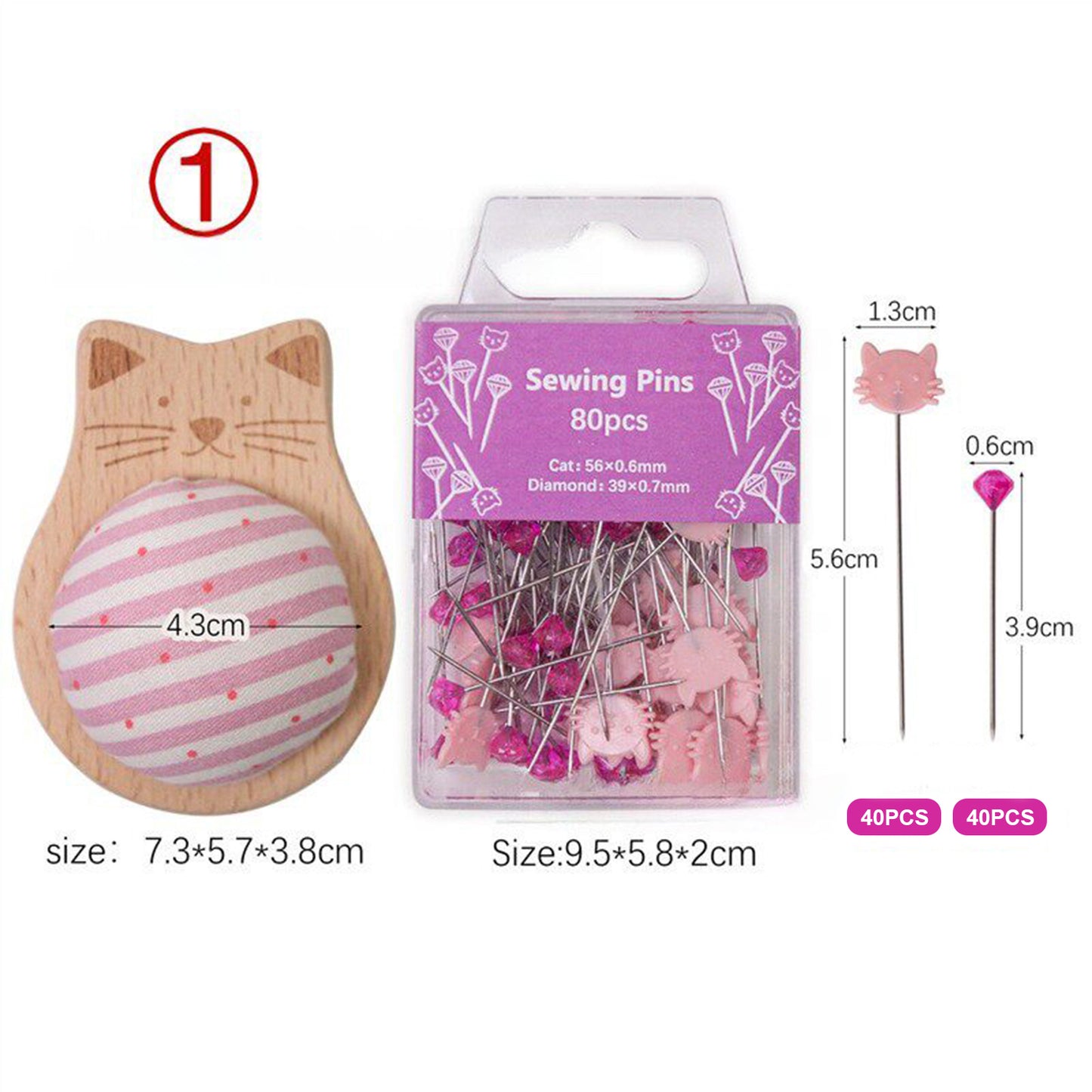 Cute Cat Pin Cushion Kit with 80 Craft Positioning Pins Needle Holders Wooden Base Adorable Pincushion for Quilting Needlepoint DIY Projects (Pink)