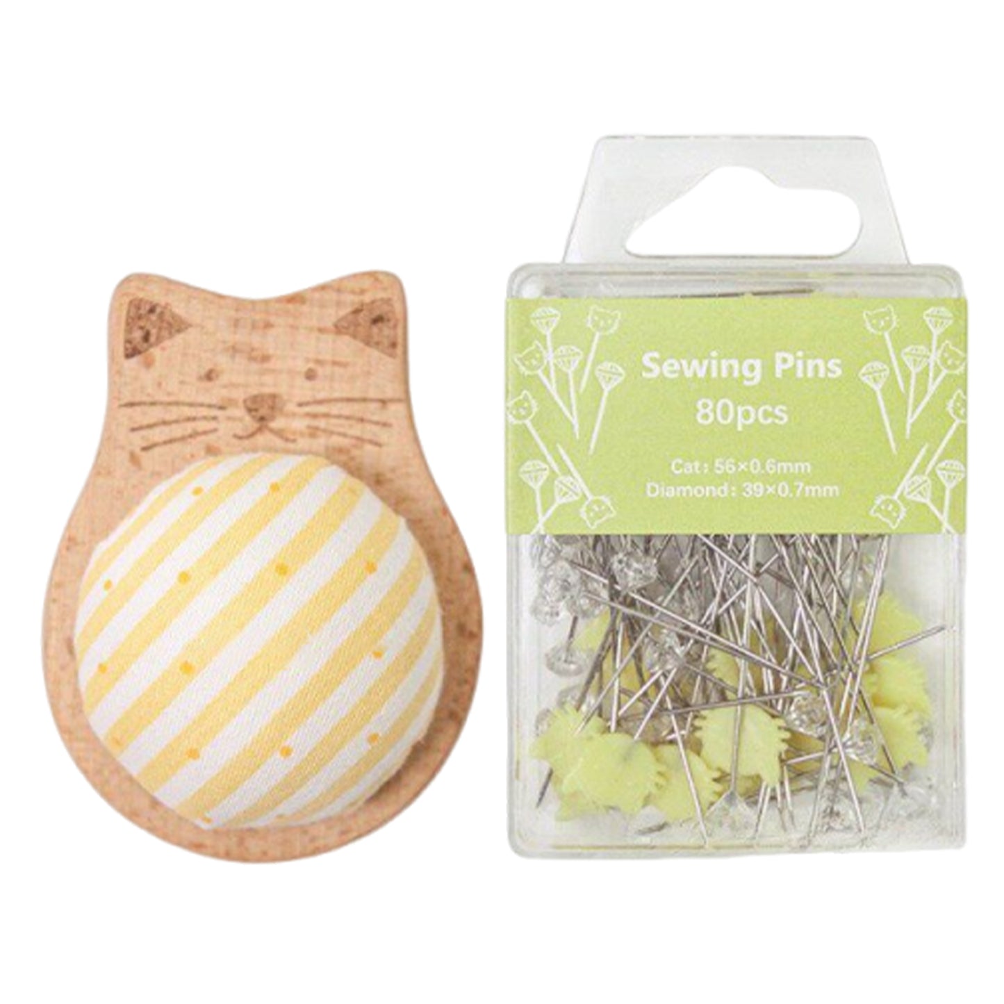 Cute Cat Pin Cushion Kit with 80 Craft Positioning Pins Needle Holders Wooden Base Adorable Pincushion for Quilting Needlepoint DIY Projects (Yellow)