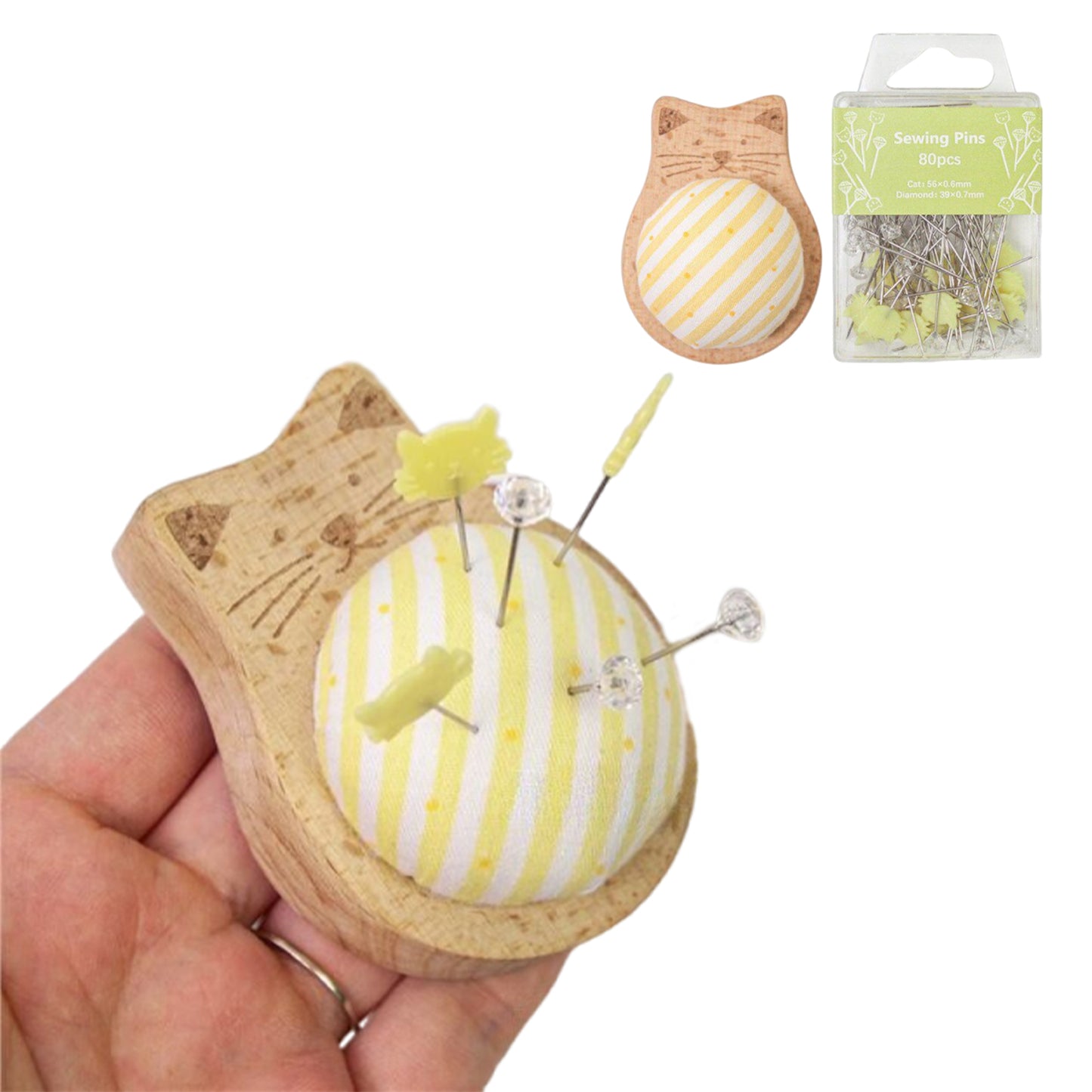 Cute Cat Pin Cushion Kit with 80 Craft Positioning Pins Needle Holders Wooden Base Adorable Pincushion for Quilting Needlepoint DIY Projects (Yellow)