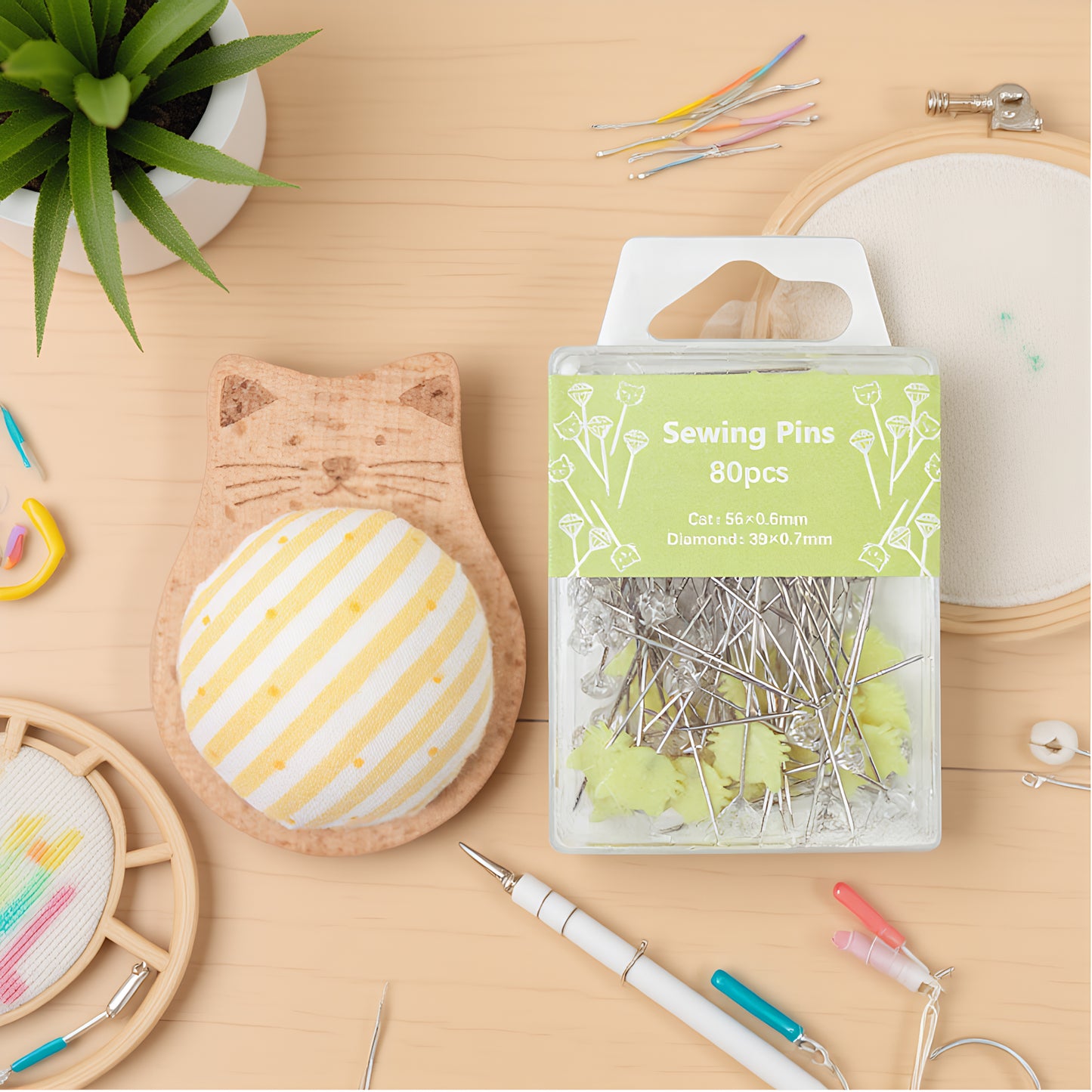 Cute Cat Pin Cushion Kit with 80 Craft Positioning Pins Needle Holders Wooden Base Adorable Pincushion for Quilting Needlepoint DIY Projects (Yellow)