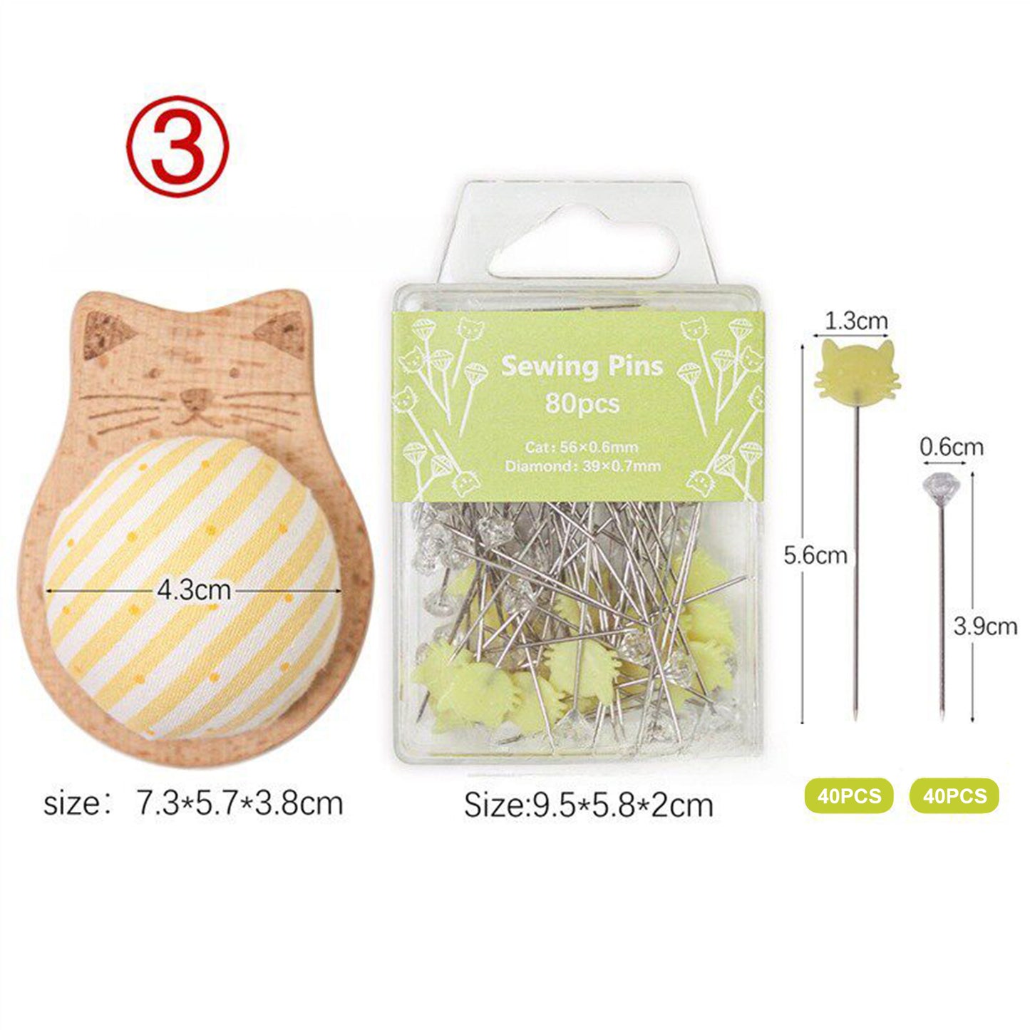 Cute Cat Pin Cushion Kit with 80 Craft Positioning Pins Needle Holders Wooden Base Adorable Pincushion for Quilting Needlepoint DIY Projects (Yellow)