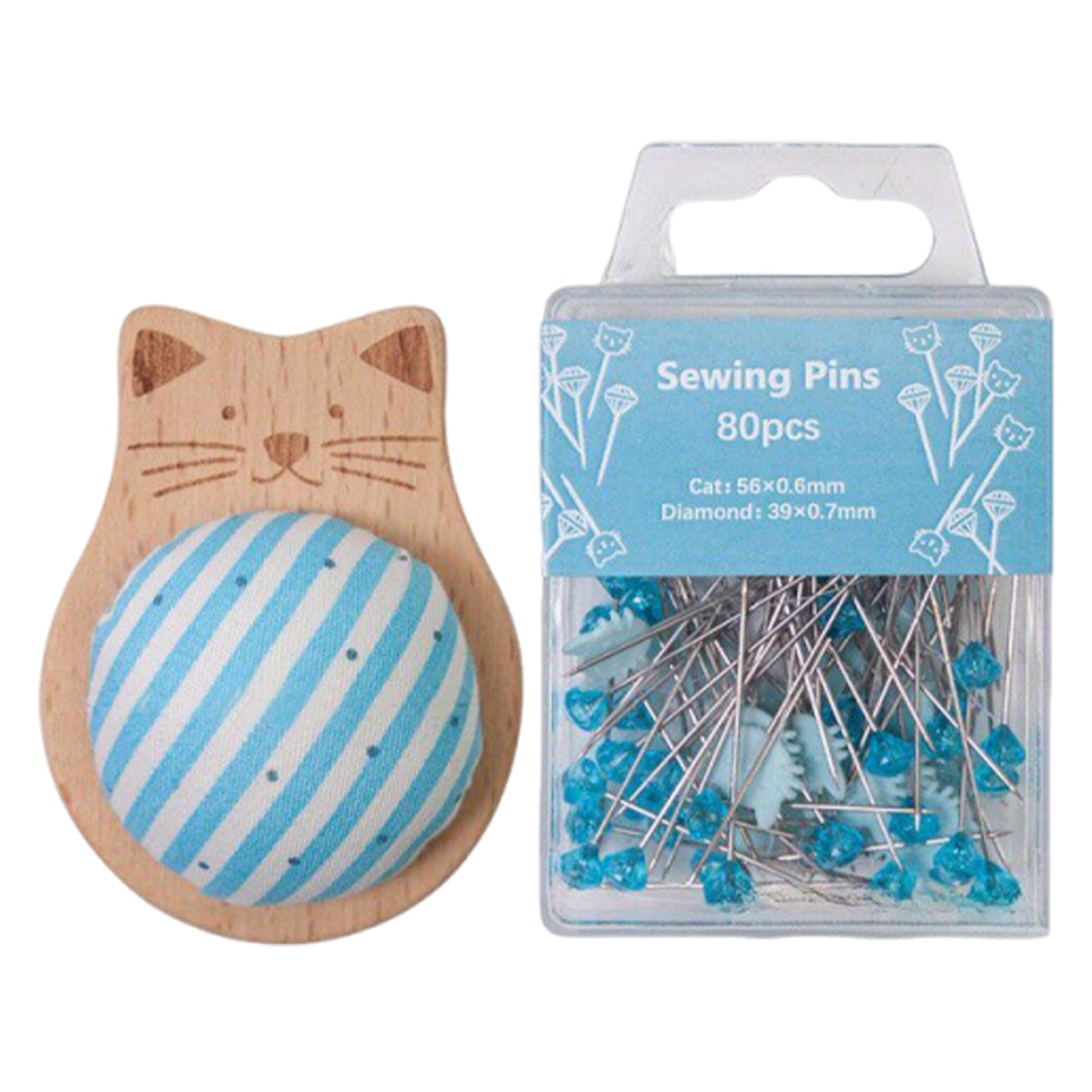 Cute Cat Pin Cushion Kit with 80 Craft Positioning Pins Needle Holders Wooden Base Adorable Pincushion for Quilting Needlepoint DIY Projects (Blue)