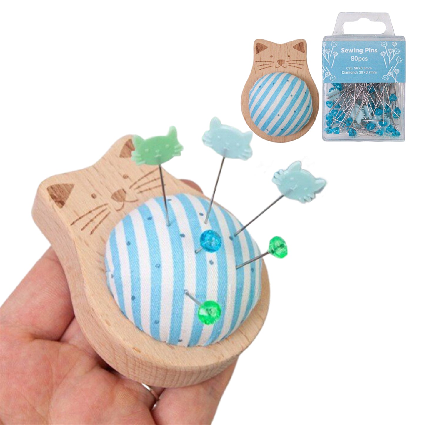 Cute Cat Pin Cushion Kit with 80 Craft Positioning Pins Needle Holders Wooden Base Adorable Pincushion for Quilting Needlepoint DIY Projects (Blue)